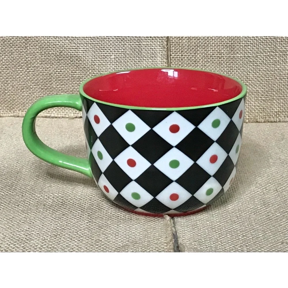 Pier 1 Harlequin Argyle Coffee Mug Cup Diamond Pattern Whimsical Retro Playful